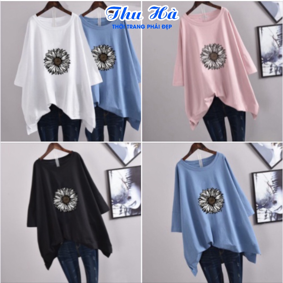 Áo phông unisex freesize form rộng tay lỡ Thu Hà chất liệu thun Cotton in hình Hoa Hướng Dương