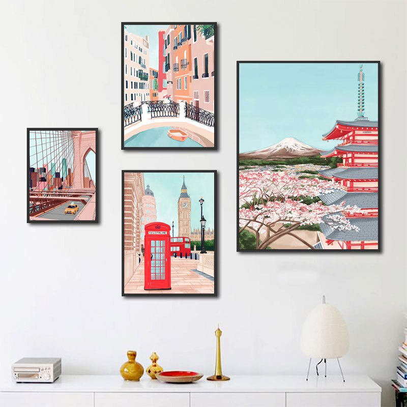 Tranh vải bạt treo tường in hình thành phố paris/tokyo/khác nhiều màu sắc trang trí nhà cửa