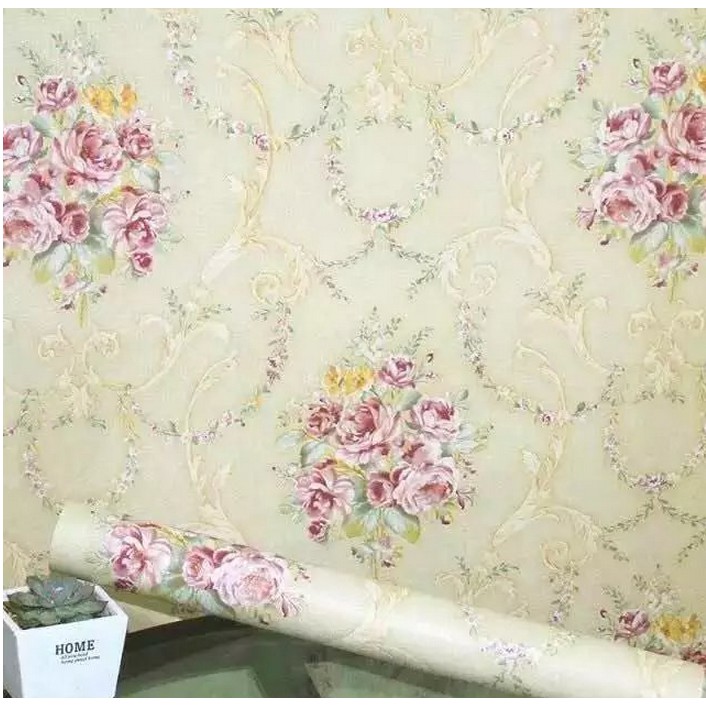1 Mét Decal Giấy Dán Tường Đóa Hồng Chùm Nền Vàng Kem Khổ 45Cm Có Keo Sẵn