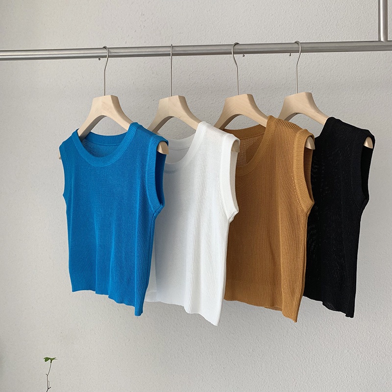 Áo sát nách XIAOZHAINV dệt kim vải lụa lạnh cổ tròn phong cách Hàn Quốc retro 4 màu lựa chọn dễ thương cho nữ