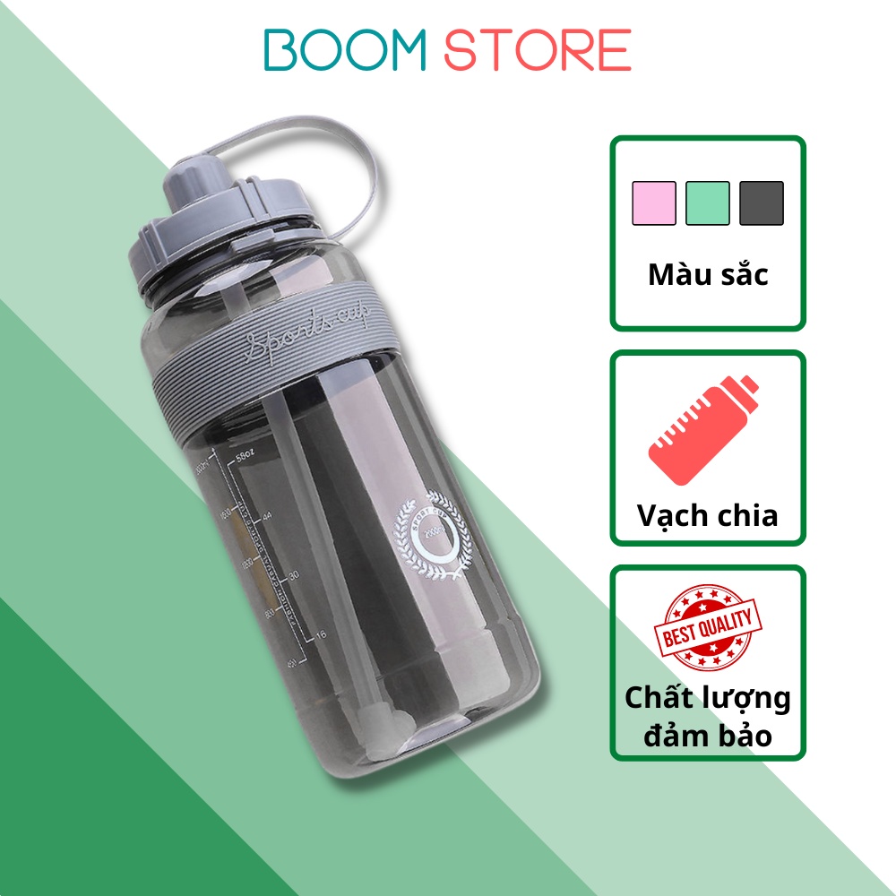 Bình nước 2 lít có ống hút chia vạch có quai đeo thể thao bằng nhựa cute Boom Store BN02