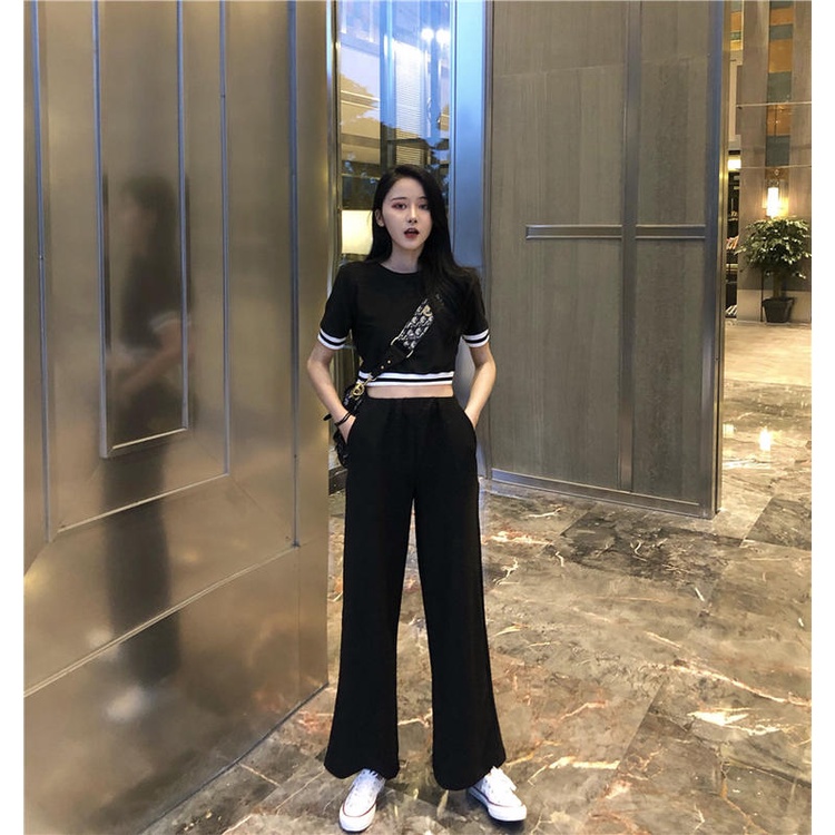 Set áo croptop tay ngắn và quần ống rộng kim sa màu đen &amp; xám H67 Hỉn Hỉn Store