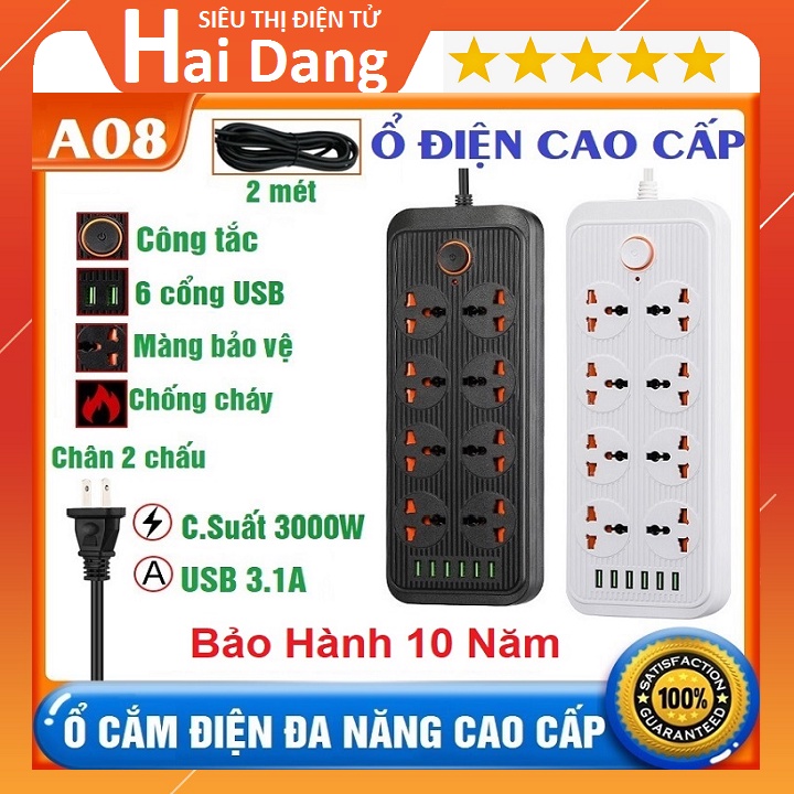 Ổ Cắm Điện A08 Công Suất 3000W, Có 8 Ổ Cắm 220v Lõi Đồng, Với 6 Cổng USB Sạc Nhanh - Công Tắc An Toàn - Dây Dài 2 Mét