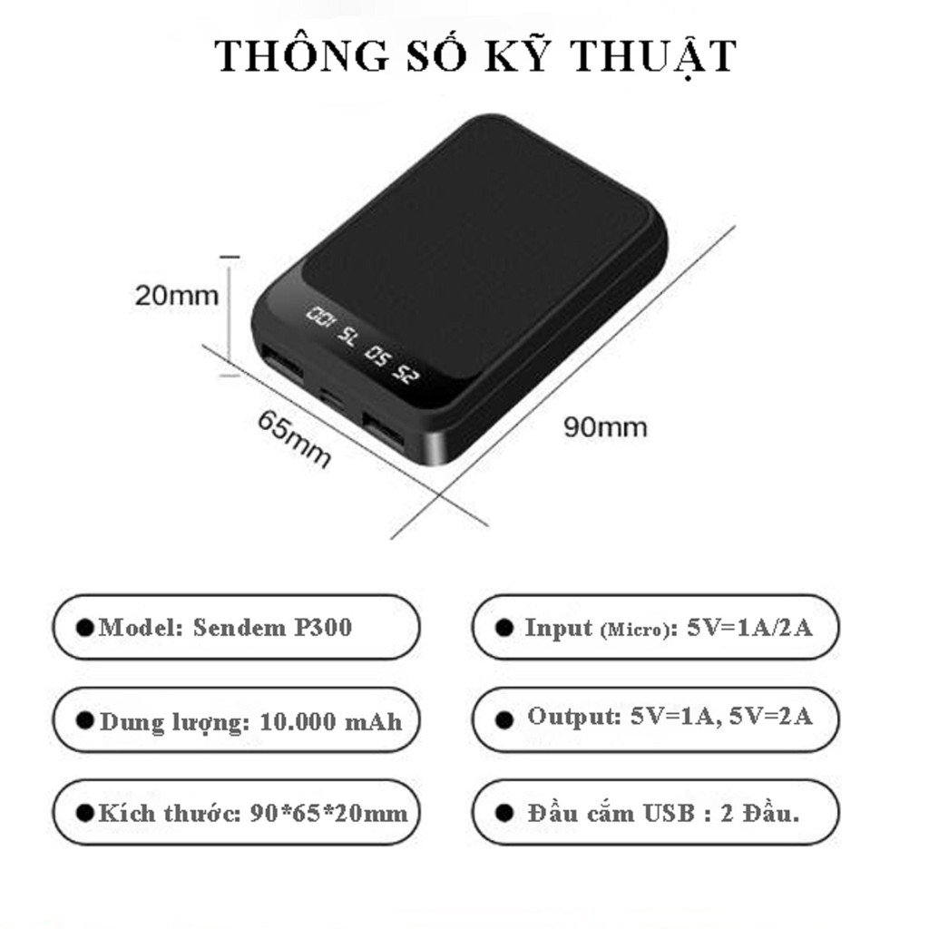 [Mua 5 cái Giá Sỉ] Sạc Dự Phòng Mini P300 Hỗ Trợ Sạc Nhanh An Toàn - Siêu Nhỏ -  Dung Lượng Pin Chuẩn 10.000 mAh