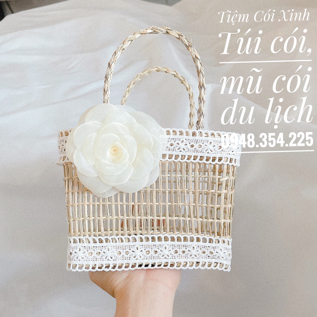 Túi Xách Cói Bé Gái Mini Gắn Hoa Dễ Thương Vintage TIỆM CÓI XINH