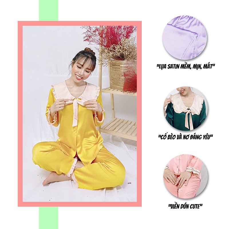 Đồ bộ nữ SBORG kiểu cute mặc nhà chất lụa satin cổ bèo nơ tay dài viền dún có túi freesize quà tặng vợ