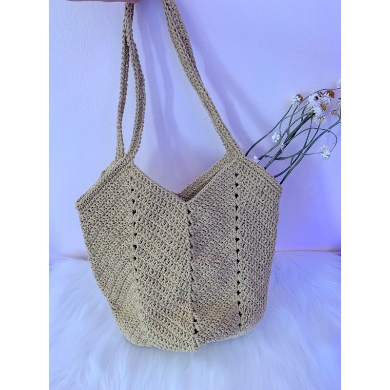 Túi đáy vuông đan móc thủ công sợi cotton phong cách Hàn Quốc