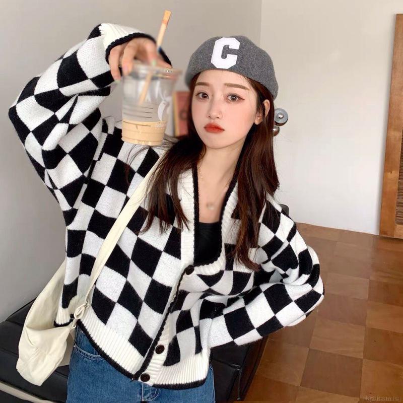 Áo khoác cardigan cổ chữ v họa tiết kẻ sọc caro phong cách Hàn Quốc thời trang