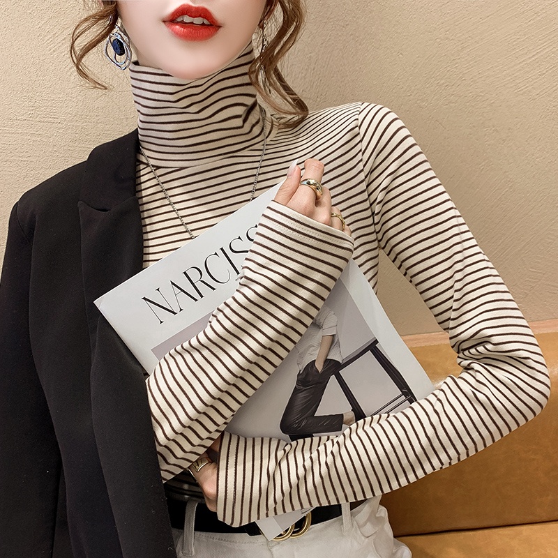 Áo Thun Cổ Cao Họa Tiết Kẻ Sọc Phối Lông Thời Trang Mùa Thu Mới Cho Nữ
