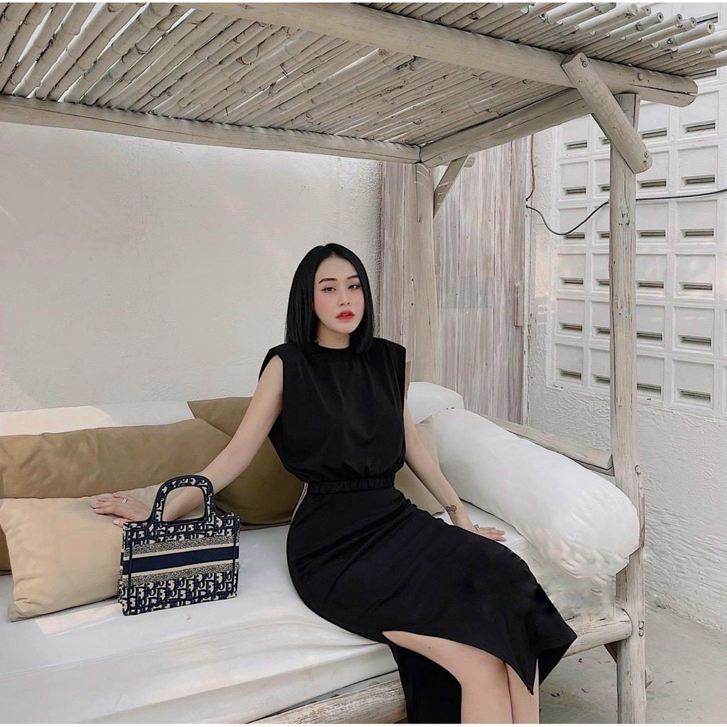 Set áo cánh dơi nhún eo kèm chân váy xẻ tà bên y hình chất thun co giãn - 4 màu