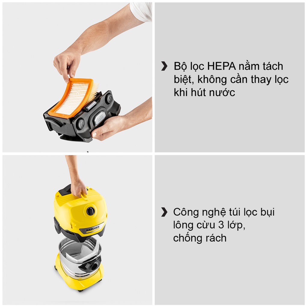 Máy hút bụi khô và ướt Karcher WD 4 S (Dòng cải tiến năm 2022 thay thế máy hút bụi đa năng WD 4 Premium)