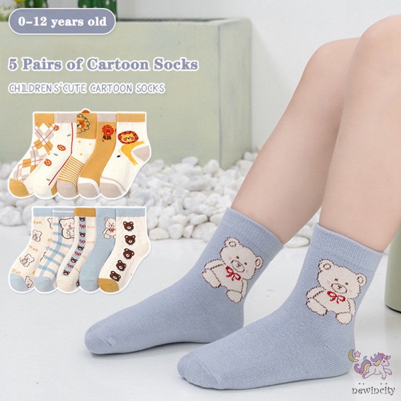 Set 5 Đôi Tất Cotton Dài Trung Bình Chống Trượt Chống Rơi Phong Cách Hàn Quốc Cho Bé