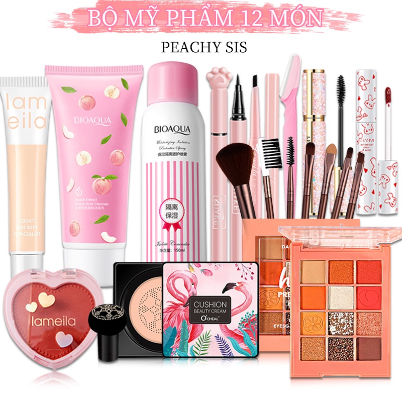Bộ trang điểm chuyên nghiệp 12 món cá nhân tone đào KISS BEAUTY bộ mỹ phẩm set đầy đủ makeup combo PS-T12