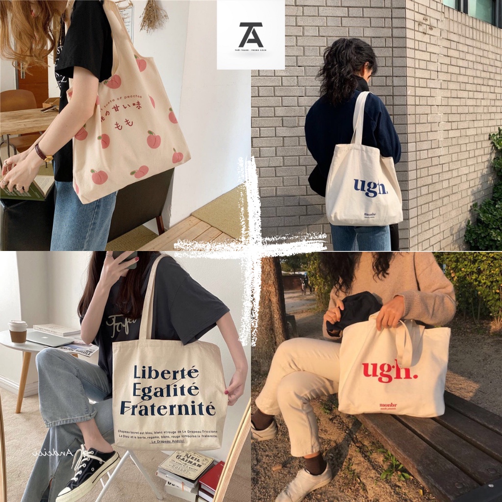 Túi tote túi vải phong cách Hàn quốc, có khóa miệng ngăn phụ bên trong Kiểu dáng Vintage, chất liệu vải Canvas cao cấp
