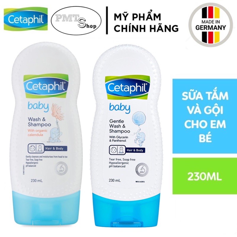 [Germany] Sữa tắm gội 2in1 cho bé Cetaphil Baby Wash & Shampoo 230ml với dưỡng chất hữu cơ hoa cúc Calendula - Đức