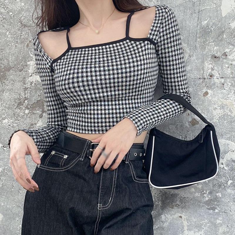 Áo Lửng Tay Dài Trễ Vai Họa Tiết Ca Rô Gợi Cảm Cho Nữ | BigBuy360 - bigbuy360.vn