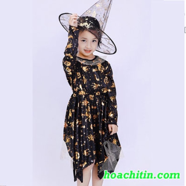 Set váy phù thuỷ nhũ vàng hóa trang halloween cho bé gái tặng kèm nón