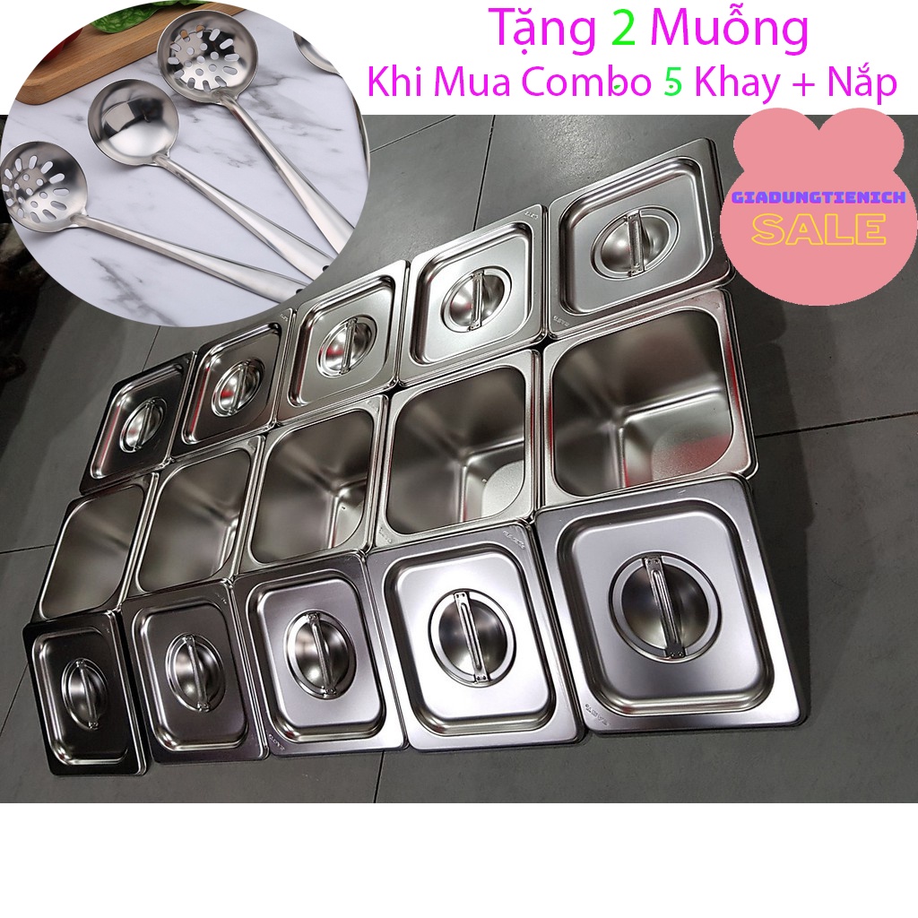Combo 5 Khay Inox Đựng Thạch Topping Đựng Thực Phẩm Vuông GN 1/6 (Có Nắp)