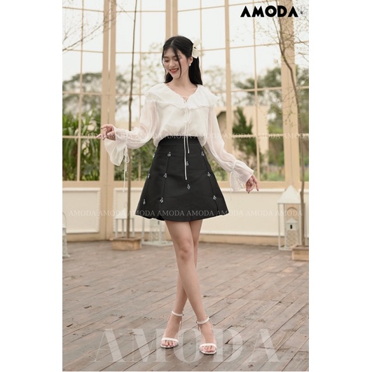Áo sơ mi cổ bèo phối ren  thiết kế cao cấp tay bồngsiêu xinh cho nàng phong cách Hàn Quốc AMODA A009