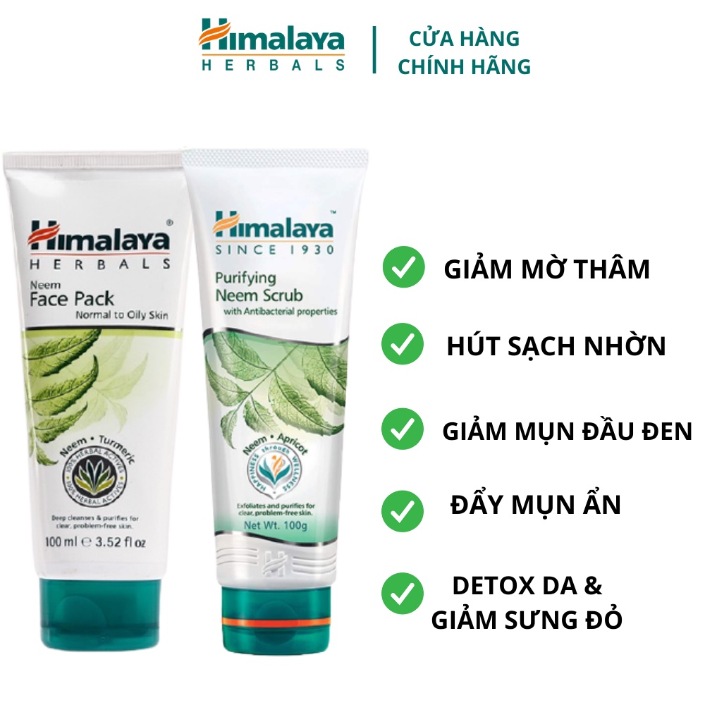 Combo làm sạch loại bỏ mụn đầu đen và mụn ẩn Himalaya Neem Face Pack 100ml và Neem Scrub 100ml