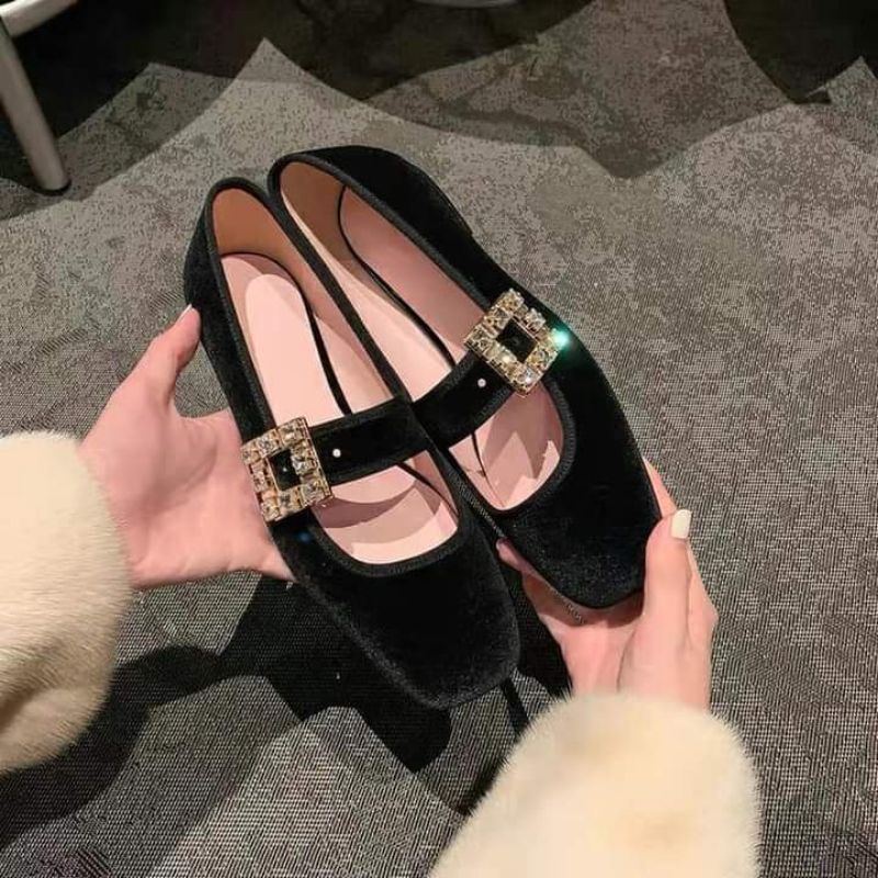 Giày babydoll đế bệt phối đá vuông