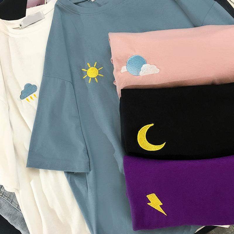 Áo Thun Tay Ngắn Cổ Tròn Thêu Hình Mặt Trăng / Mặt Trời / Đám Mây Phong Cách Harajuku Thời Trang Mùa Hè Cho Nam Và Nữ