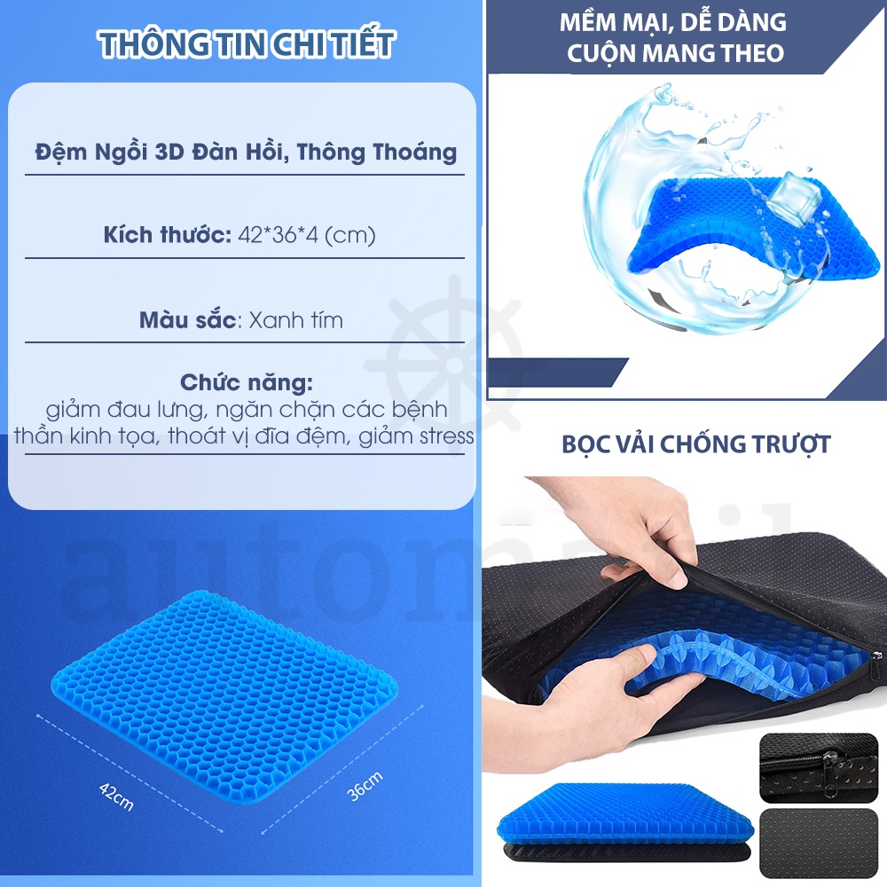 Đệm Ngồi Bệt 2 Lớp 3D Lót Ghế Văn Phòng, Nệm Ghế Ô Tô Thoáng Khí Gel TPE Tổ Ong - Automatik