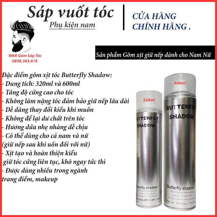 Gôm xịt tóc  nam nữ siêu cứngBUTTERFLY SHADOW 600ml Chuẩn Salon hàng loại 1