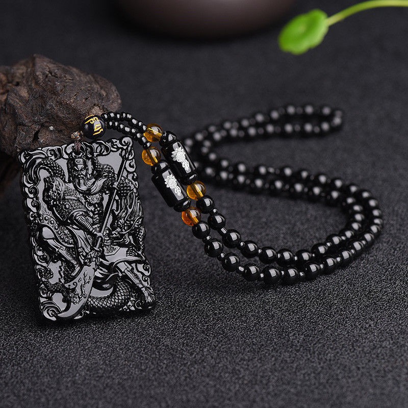 Dây Chuyền Hai Mặt Khắc Hình Quan Công Khảm Đá obsidian Hai Mặt Thời Trang Cho Nam
