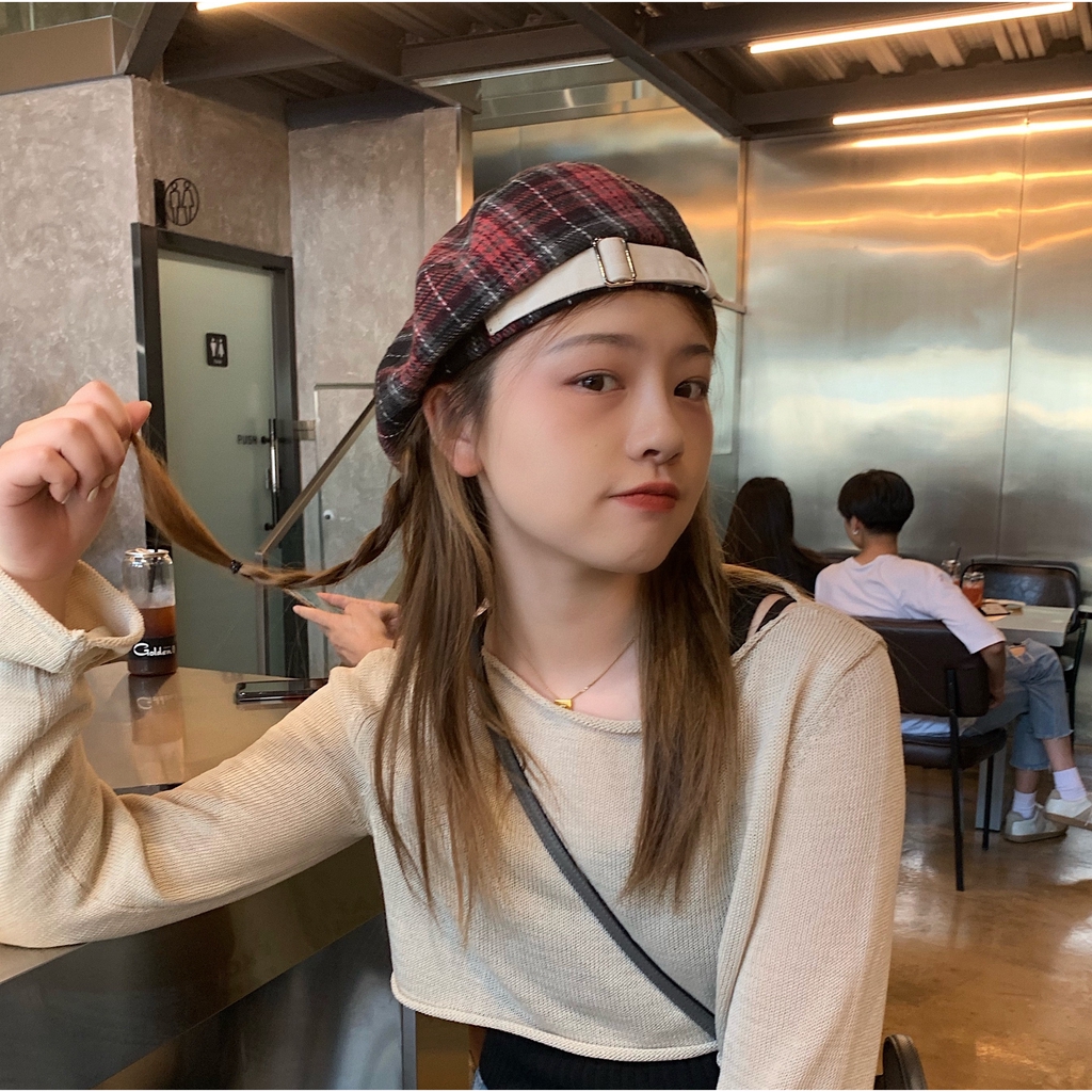 Mũ Beret Len Kẻ Sọc Caro Phong Cách Retro Nhật Bản Thời Trang Thu Đông Cho Nữ