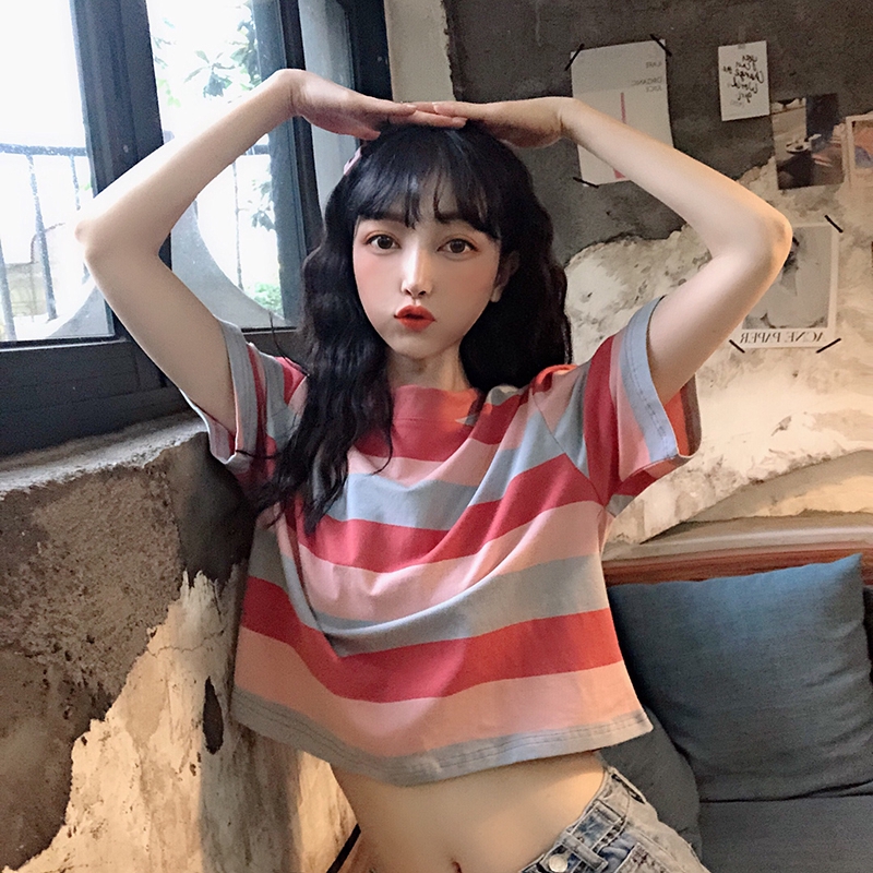 Women Korean Striped Short Sleeve Crop Tops | BigBuy360 - bigbuy360.vn