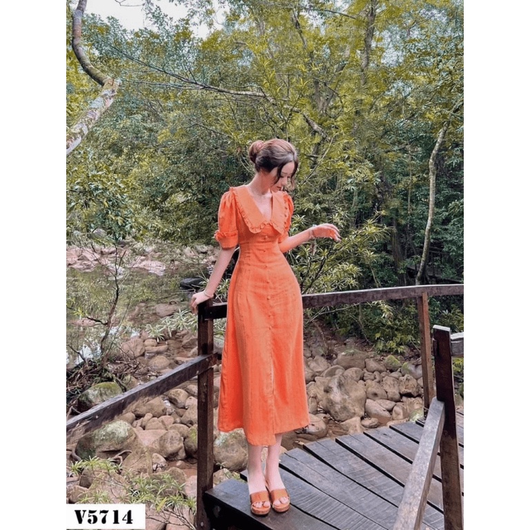 Đầm Nữ Dáng Dài Tay Phồng, Cổ Bèo Chiết Eo, Xẻ Tà Chất Lụa Mịn Mát Mặc Đẹp Duyên Dáng [NEW UNISEX]