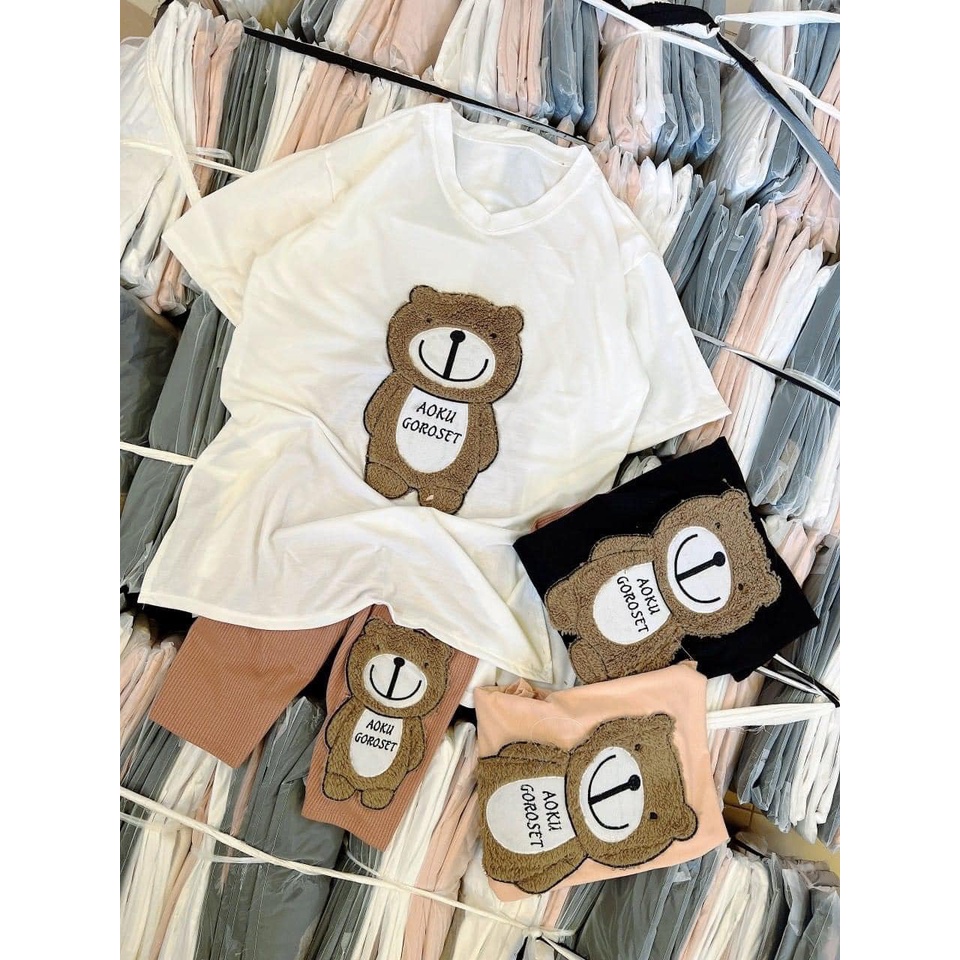 Đồ bộ nữ, set đồ bộ ngố quần lửng đai cao và áo thun cotton ngắn tay cổ tim xẻ lai form rộng thêu gấu, bộ đồ mặc nhà