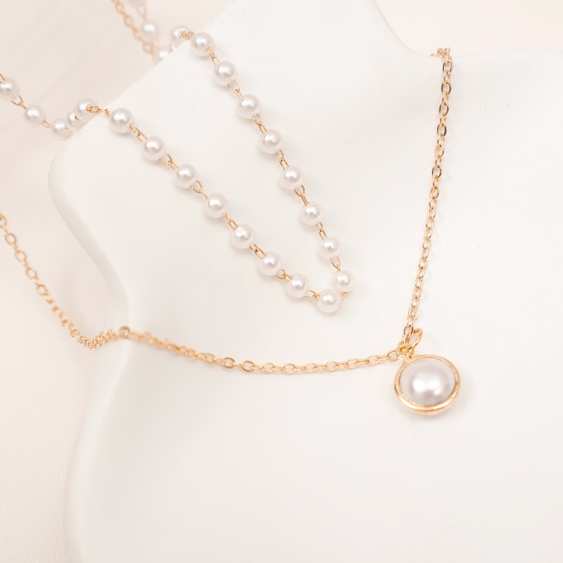 Retro Double Layer Pearl Beaded Round Pendant Necklace/ Gold Color Alloy Clavicle Chain