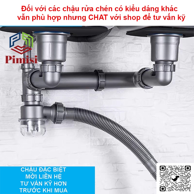 Xi Phông Xả Thải Buồng Rửa Chén Bát 2 Hố Phi 110-140 Pimisi Nhựa Cứng Không Đọng Nước Có Thoát Tràn