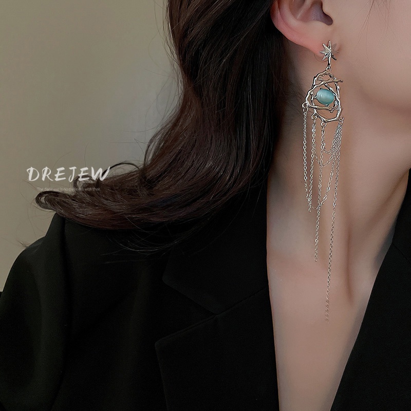 Bông Tai Bạc Dáng Dài Đính Đá Opal Phong Cách Âu Mỹ Cho Nữ