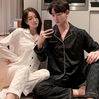 Bộ đồ ngủ tay dài chất lụa lạnh thời trang xuân thu cho nam và nữ 300kg
