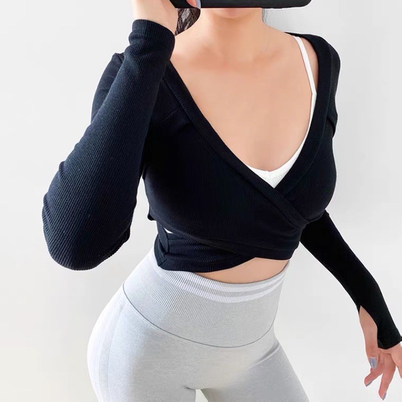 Áo Dài Tay Croptop Chất Thun Tăm Mịn Mát Co Giãn 4 Chiều Vạt Chéo