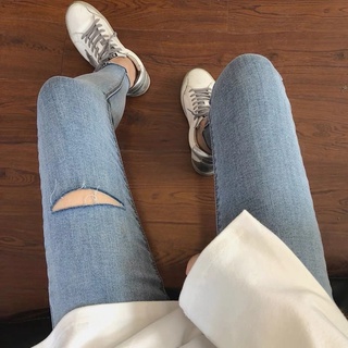 Quần jeans ôm xanh nhạt co dãn cạp cao rách đùi gối THOMPHAMSHOP