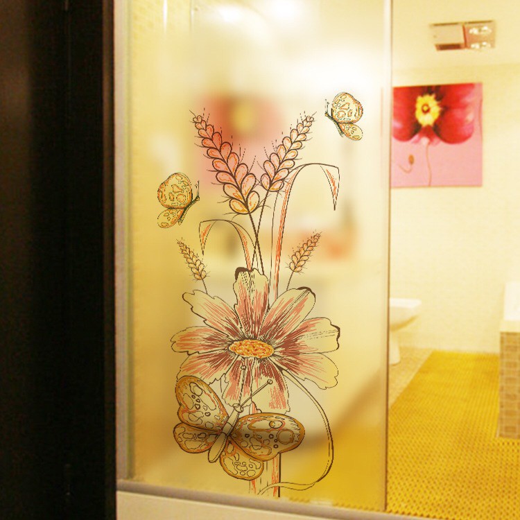 Decal dán kính cao cấp - Hoa lớn cỏ bông lúa và Bướm lớn ( 60x116 )
