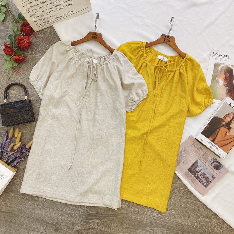 KÈM ẢNH THẬT❤Đầm suông vàng xám tay phồng cột nơ xd