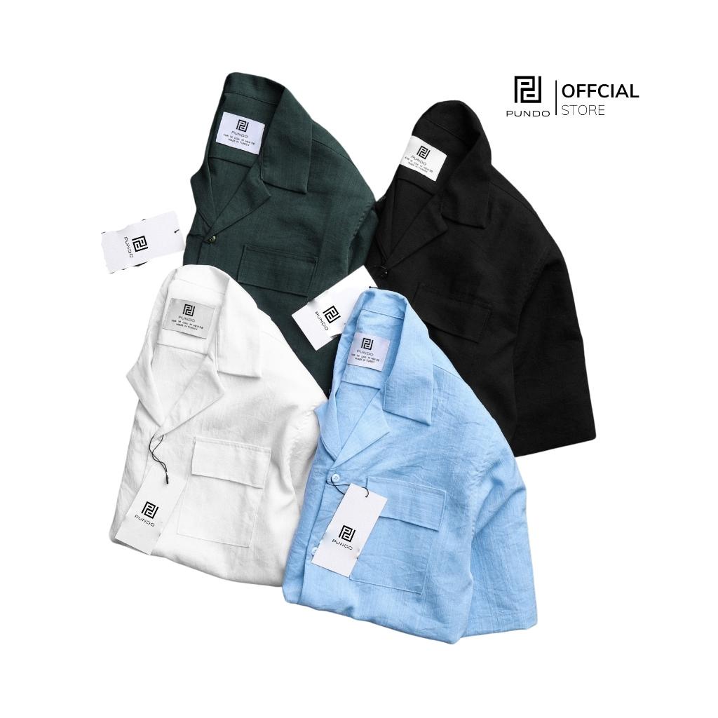 Áo sơ mi nam tay ngắn PUNDO cổ vest có túi chất cotton đũi cao cấp ASMPD49