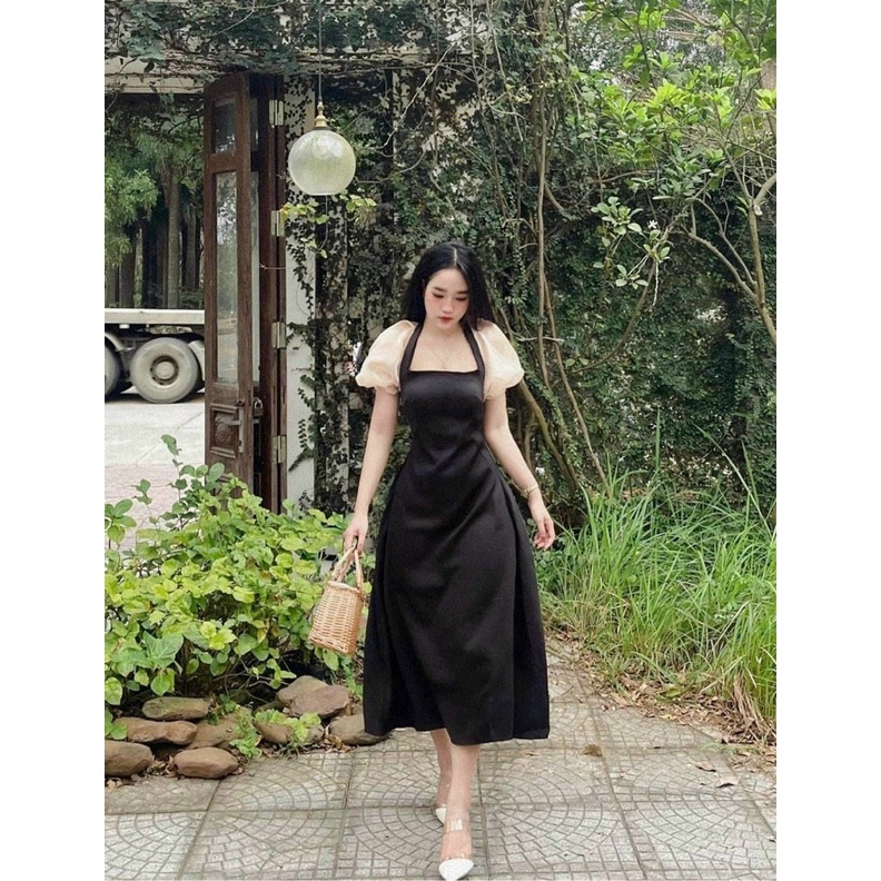 Đầm nữ thời trang mặc đi tiệc, Đầm lụa maxi tay ngắn cổ vuông có mút hai màu đi tiệc sang chảnh