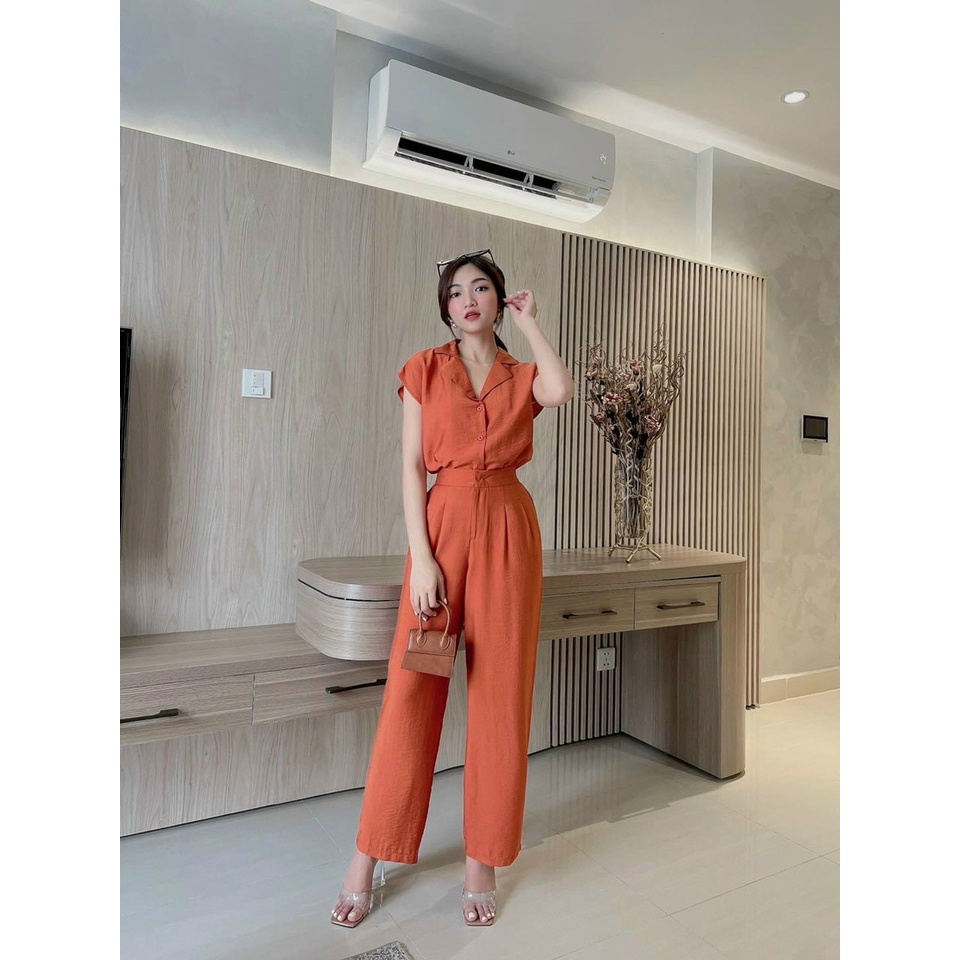 (Mẫu mới 2022_Freeship)Bộ  thiết kế áo sơ mi phối quần ống rộng có túi,chất tuyết nhung mềm mịn hàng chuẩn shop