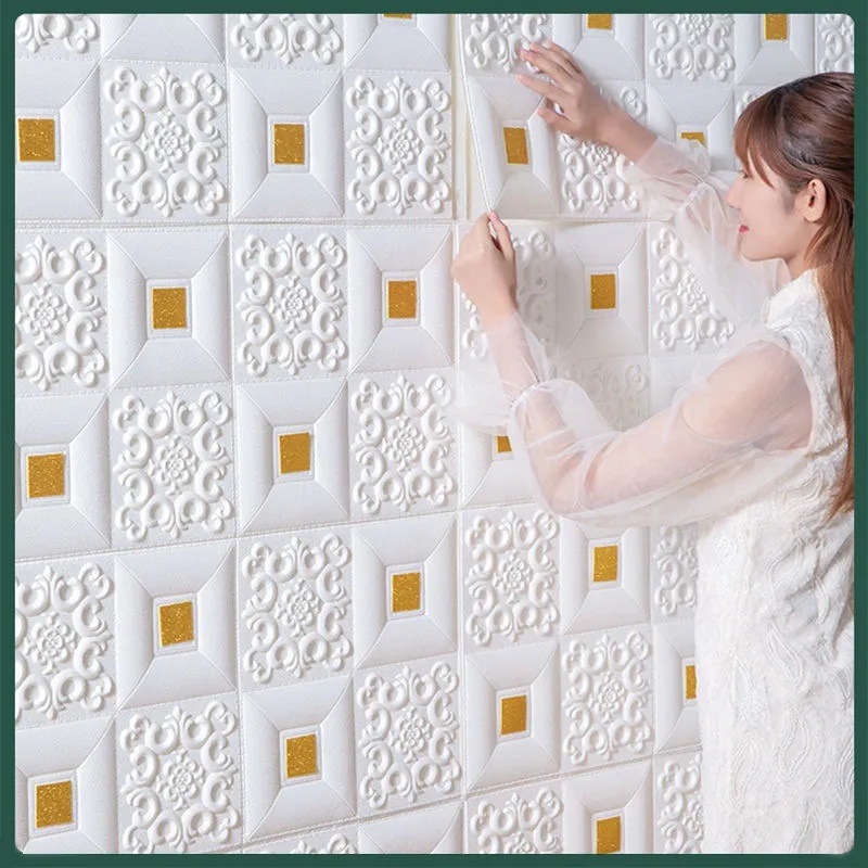 Xốp dán tường 3D hoa văn tem màu nhũ khổ 35x35cm keo siêu dính