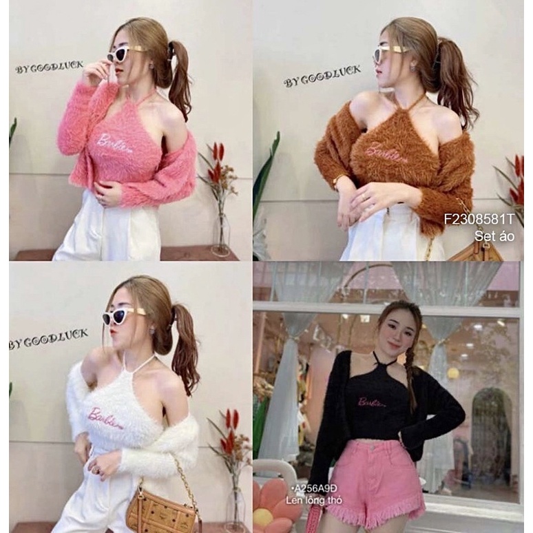 Set len lông xù Áo khoác dài tay kèm Áo dây yếm khoét lưng thêu chữ s TT2308