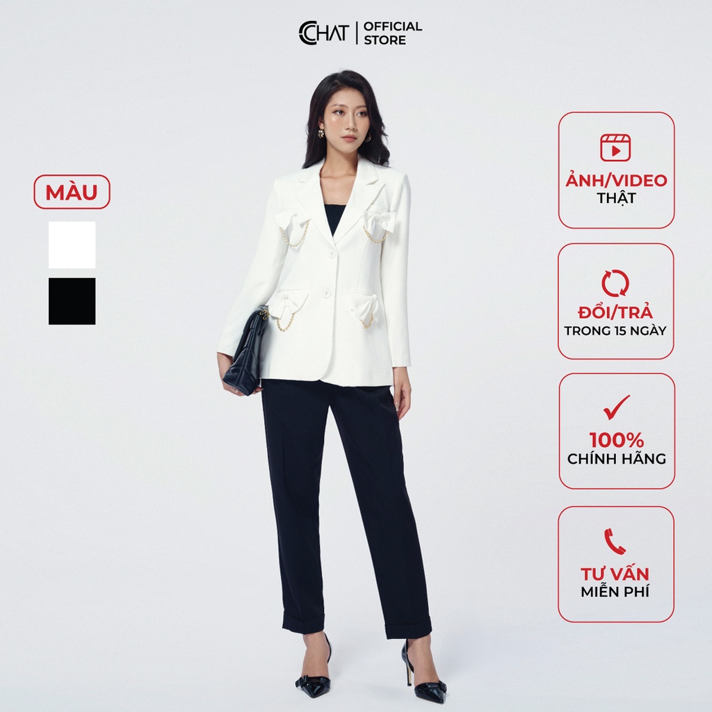 Áo Blazer Nữ 𝐂𝐂𝐇𝐀𝐓 Dáng Suông Phối Nơ Dáng Suông Phong Cách Trẻ Trung Thanh Lịch 21EHS8015ST