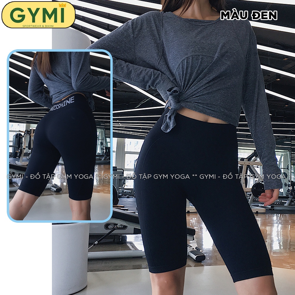 Quần tập gym yoga nữ GYMI QL02 dáng ngố lửng biker thể thao chất dệt co giãn logo Misshine cạp cao