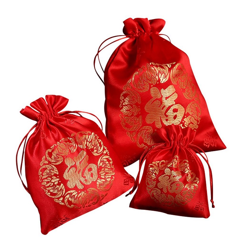 Túi dây rút gấm lụa màu đỏ may mắn