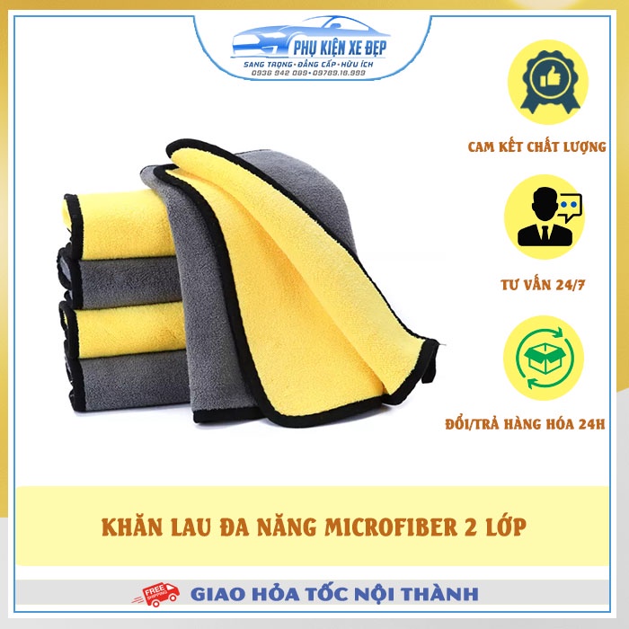 Khăn đa năng 2 lớp Microfiber ⚡FREESHIP⚡ lau xe hơi kích thước 30x30cm, 30x60cm, lau kính 2 lớp dày, mịn không rụng sợi